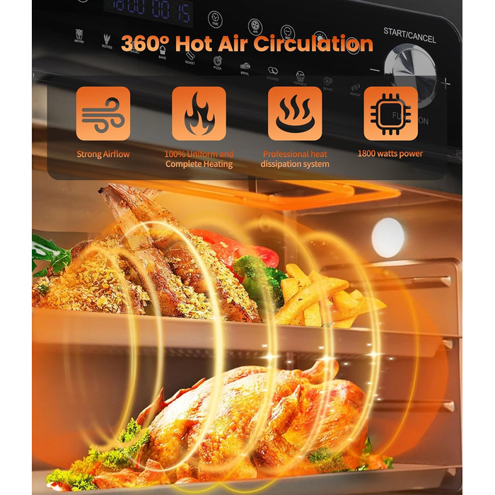 Фритюрниця без олії Emphsism Dual Zone XXL 1800W з LED-дисплеєм, 15 програм, 14л, з аксесуарами та книгою рецептів