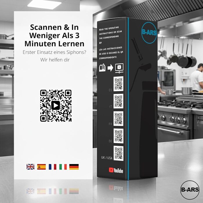 Дозатор для збитої вершкової пінки B-ARS з нержавіючої сталі 1л з аксесуарами: насадки для декорування, голка для інжекцій, щітка для чищення, сумка для зберігання та електронна книга з рецептами