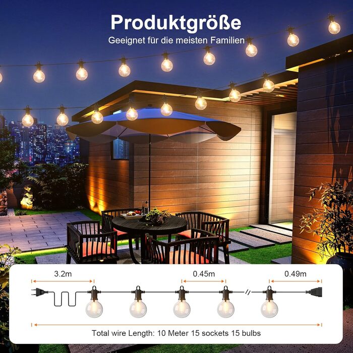 Льо́нтанка Kawaya 10 метрів, LED, для вулиці, 15+1 лампочки, IP65, вологостійка, тепле світло, для балкона, тераси, саду, весілля, заднього двору