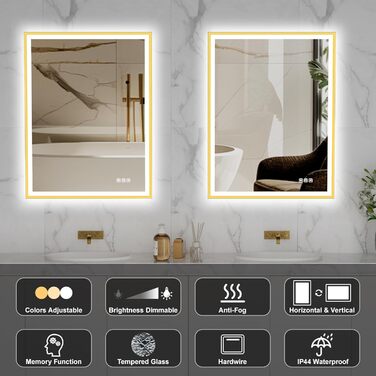 Круглий LED-дзеркало для ванної кімнати Furduzz з підсвічуванням, 700 мм, монтаж на стіну, сенсорна кнопка, регулювання яскравості, 3 кольори, проти запотівання, інтелектуальна функція пам'яті (Модель 2, золота рамка, 80 x 60 см)