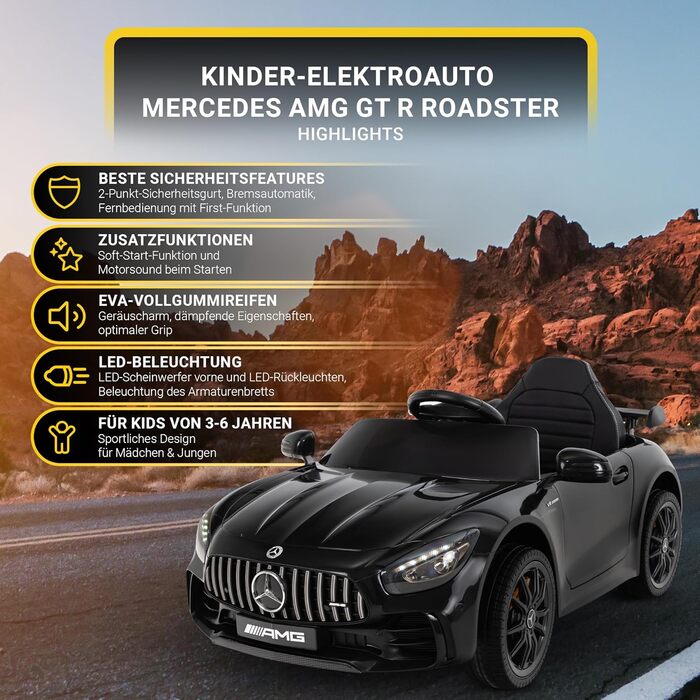 Дитячий електромобіль Mercedes AMG GT R Roadster, чорний, 6V, EVA-колеса, 2.4 ГГц пульт, 20 Вт мотор, для дітей від 3 років, Actionbikes Motors