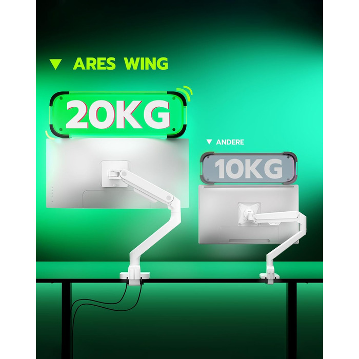 Кріплення для монітора ARES WING з USB A/C, кріплення для монітора 17-49 дюймів, підставка для монітора з газовою пружиною, VESA 75/100 мм, білий