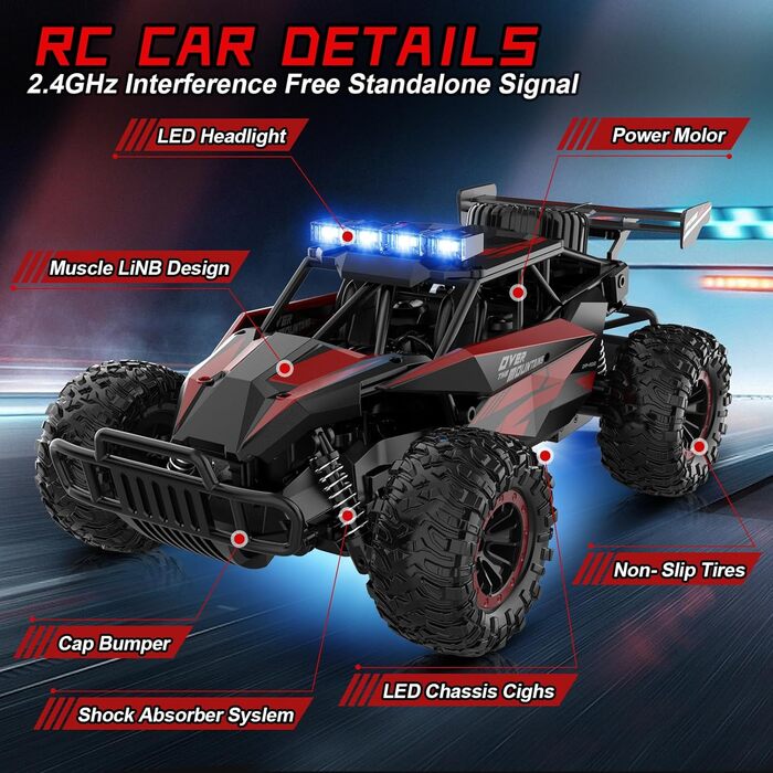 Радіокерований позашляховик Kolegend для хлопчиків, 2 акумулятори, 50 хв, масштаб 1:12, 25 км/год, 2.4 GHz, червоний