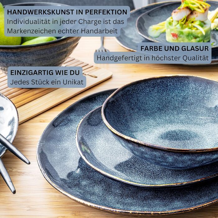 Sänger Tafelservice Tokio: 24-ти елементний набір посуду для 8 осіб, стегонна кераміка, сучасний ручної роботи, темно-синій з чорними акцентами | PREMIUM COLLECTION