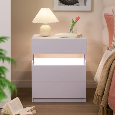 Білий приліжковий столик з LED-підсвіткою та 3 шухлядами для спальні