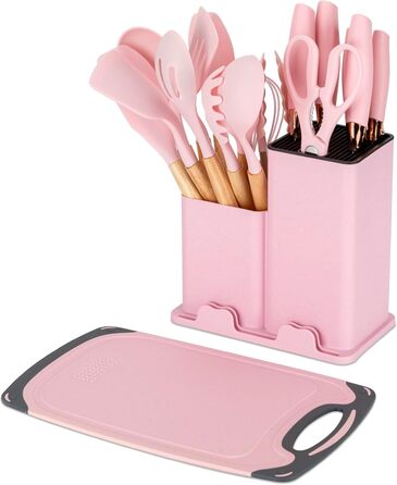 Набір кухонних ножів EliteHoff 19 предметів: 5 ножів, 12 аксесуарів, дошка та підставка – з нержавіючої сталі, з дерев'яними ручками, безпечний, для кухні, чорний (E-6072)