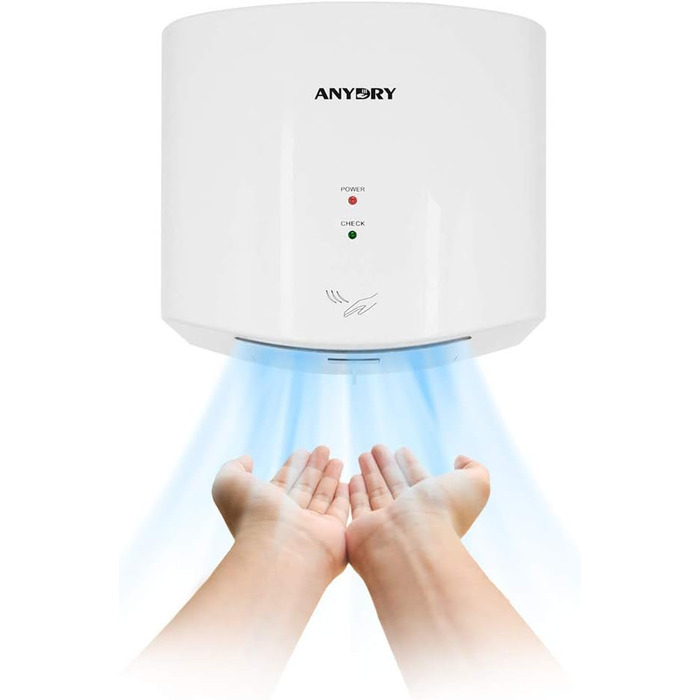 Anydry 2630S: Компактний електричний сушар для рук з автоматичним керуванням, для монтажу на стіну, для дому та комерційних приміщень, 1400-1650W, білий