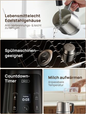 Dreo автоматичний спінювач молока All-in-1, 800 мл, срібний. Спінювач для лате-арту, гарячих та холодних напоїв, 30+ рецептів, для миття в посудомийній машині