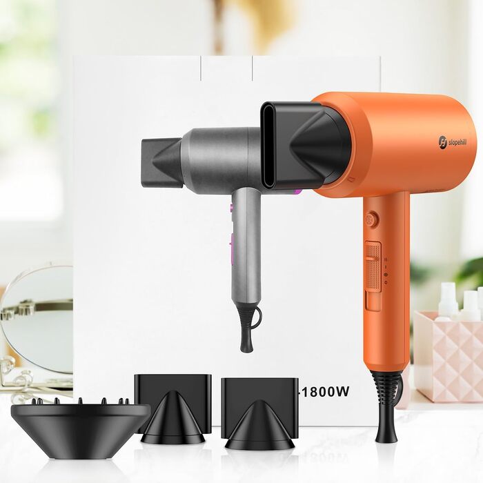 Іонний фен для волосся Slopehill 1800W для швидкого сушіння, професійний салонний фен з 3 насадками (концентратори та дифузор), 3 режимами температури та 2 швидкостями, помаранчевий
