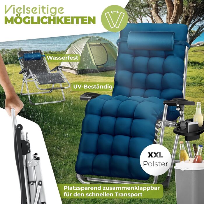 Крісло-шезлонг KESSER® для саду, розкладне, водостійке, 200 кг, широке, з регульованою спинкою, з подушкою та підстаканником (темно-синій)