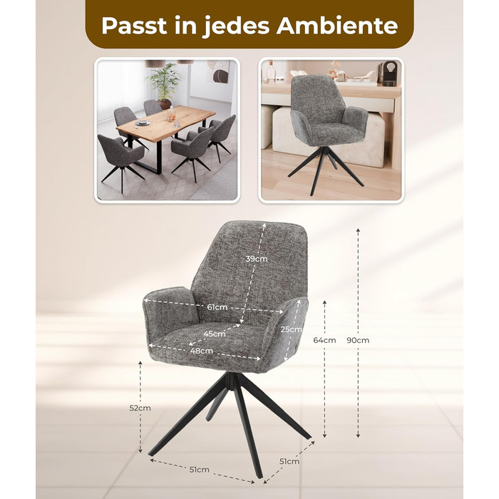 Обідні стільці 2 шт. темно-сірого кольору – поворотні на 360° з м'яким велюровим покриттям – функція повернення з пружинним механізмом – сучасний дизайн та легка збірка – без PFC та сертифіковані Oeko-TEX®