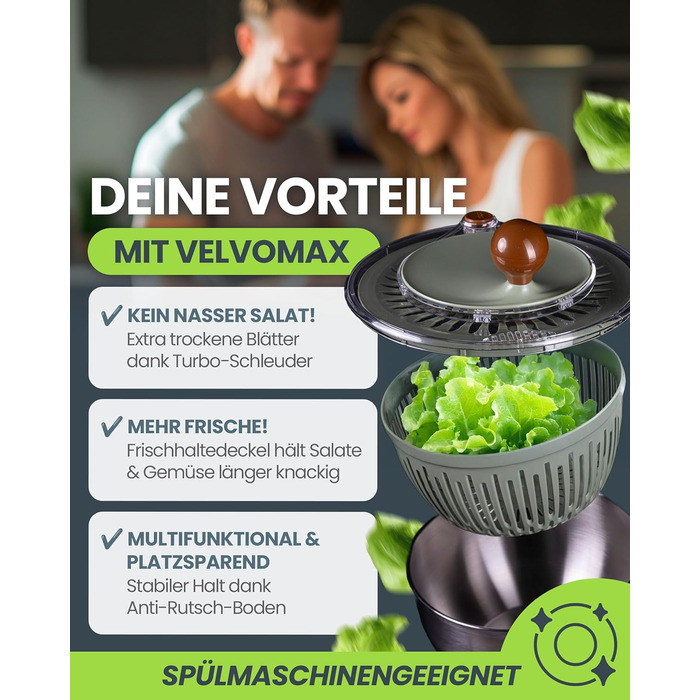 Салатниця-швидкокрутка VELVOMAX 6в1 з нержавіючої сталі, 4.5L - 6 функцій: нарізник овочів, сервіровочна чаша та спіннер для салатів. Можна мити в посудомийній машині, з антиковзним дном та кришкою. Ідеально для любителів готувати.