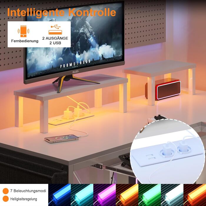 Ігровий стіл Flamaker L-подібний 140x140 см з RGB LED, підставка для монітора та ящик для зберігання | 2 розетки + 2 USB-порти (вуглецеве волокно, чорний) (білий)