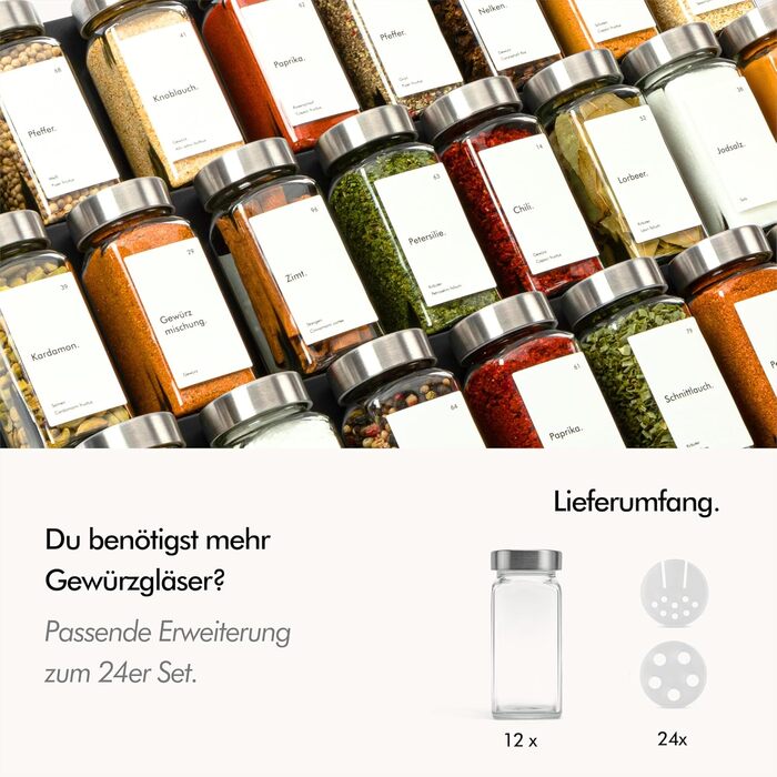 Набір банок для спецій KIVY [24x120мл] + вологостійкі етикетки - герметичні, скляні, з дозатором. Набір 12 шт. з нержавіючої сталі