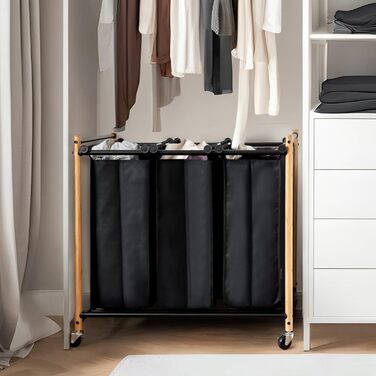 Сортувальник для білизни Storage Maniac з 3 відділеннями, 136 л, з міцними колесами, знімні кишені, бамбук