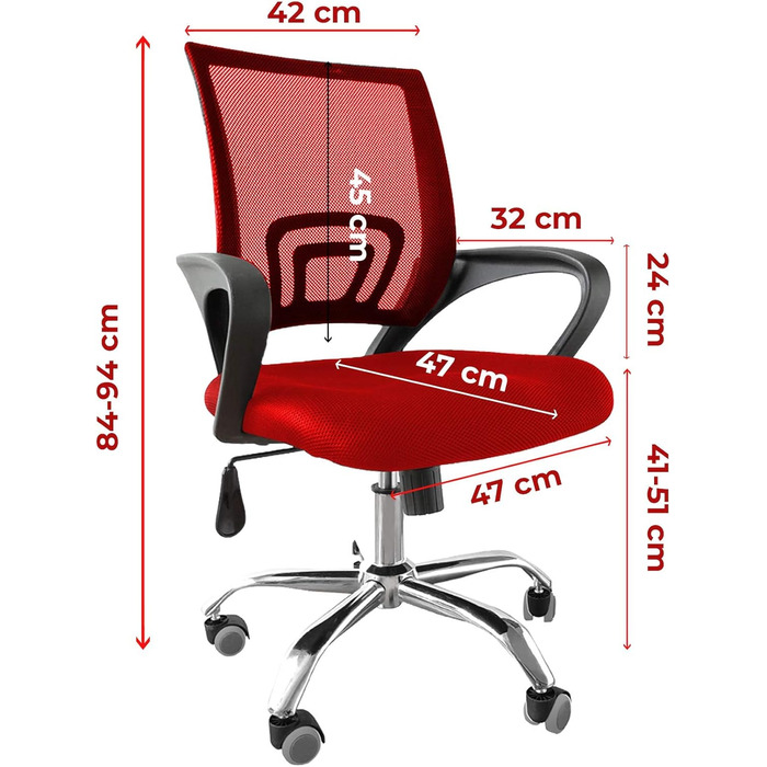 Ергономічне офісне крісло з підлокітниками, коліщатками, сітчастим чохлом, функцією коромисла, регульоване по висоті, до 120 кг, червоний