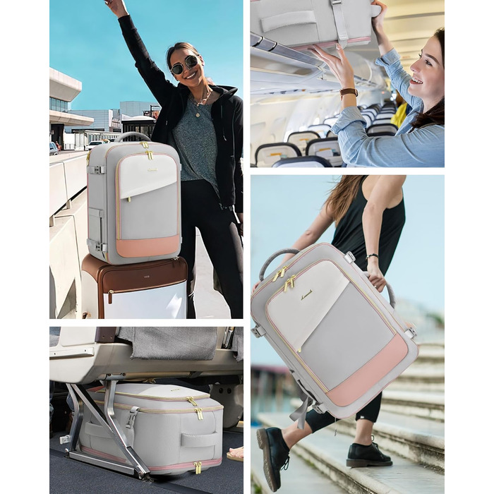 LOVEVOOK Рюкзак для ручної поклажі, жіночий/чоловічий, 40L, водонепроникний, з відділенням для взуття, 17 дюймів для ноутбука, сірий+рожевий+бежевий