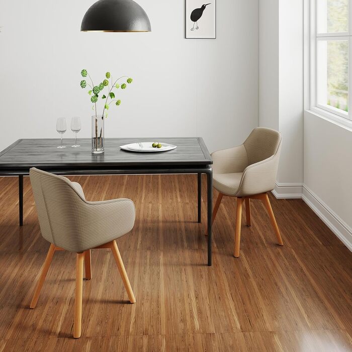 LEWE Комплект з 4 обертових стільців для їдальні з підлокітниками, 360° обертання, сучасна тканина Cord, кухонні стільці з дерев'яними ніжками та спинкою для вітальні, їдальні, спальні (4 шт.) (Хакі, 2 стільці для їдальні з дерев'яними ніжками)