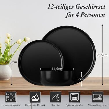 Набір посуду Joyfair на 6 осіб, 18 предметів, кераміка, чорний (Abyssal Schwarz). Тарілки обідні, десертні, миски для сніданку. Стійкий до подряпин, для мікрохвильовки та посудомийної машини
