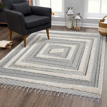 Килим City Boho Rug Cream 80x150 см - Орнаменти, Бордюр, 3D Ефект - Сучасні Бахроми (Сірий, 140x200 см)