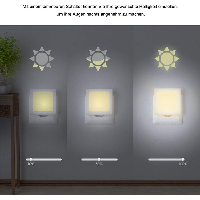 Нічник у розетку з датчиком сутінків, 【2 шт】 Регульована яскравість для дитячої кімнати, спальні, кухні, коридору, сходи, гаража, 2700K тепле біле світло