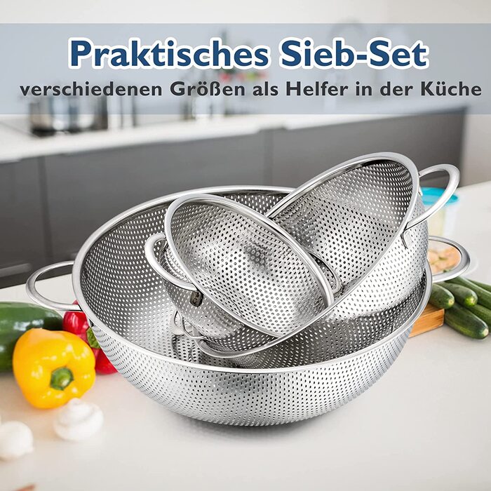 Сито Herogo з набору з 3 предметів, кухонне сито з нержавіючої сталі з ручками, мікроперфороване сито для зливу води, металеве кухонне сито для зливу води і сміття