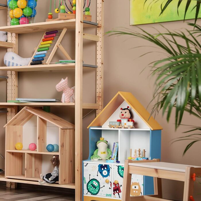 Дитяча полиця Relaxdays, 5 відділень для іграшок, мотив монстра, HWD 100 x 63,5 x 40 см, полиця для дитячої кімнати з дверцятами, барвиста