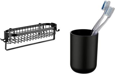 Душова полиця, настінний кошик з високоякісним захистом від іржі, сталь, 26,5 x 47 x 12,5 см, чорний (Duo (Caddy), Комплект із чашкою для зубної щітки Brasil)