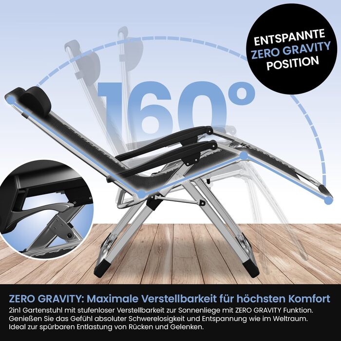 Лежак для відпочинку ELONEO: розкладний, з преміум-подушкою, стійкий до погодних умов, широка спинка, регульована, з подушкою для шиї та тримачем для напоїв (сірий)