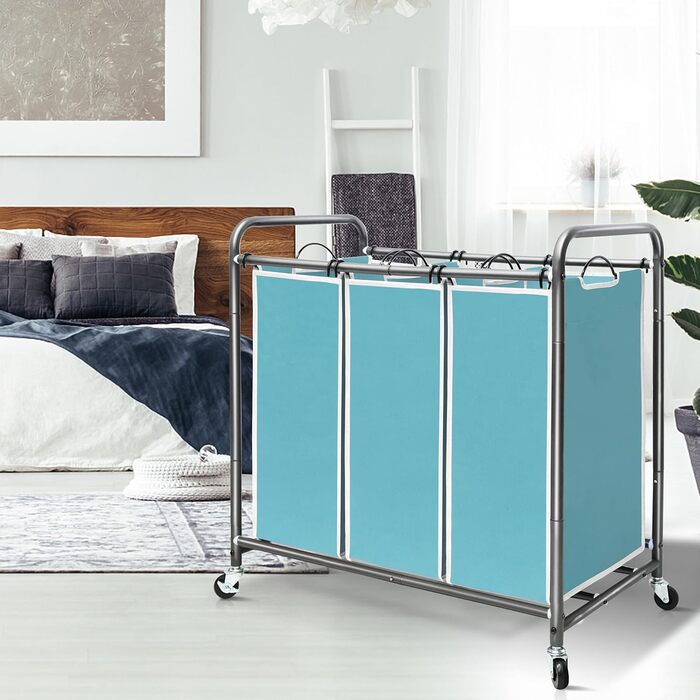 Сортувальник для білизни STORAGE MANIAC з 3 відділеннями, 136 л, з міцними колесами та знімними кишенями, кошик-органайзер для одягу, блакитний