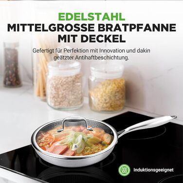 Набір сковорідок NutriChef з нержавіючої сталі, 6 предметів – антипригарне покриття, 20/25/30 см з кришками, підходить для індукційних плит, стійкий до подряпин та для духовки, придатний для миття в посудомийній машині. Набір посуду (25 см сковорода)