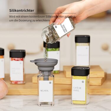 Набір контейнерів для спецій Miorkly - 24 шт. з чорними кришками з нержавіючої сталі, 120 мл, з ситечком, високоякісні, скляний органайзер з воронкою, етикетками та ручкою