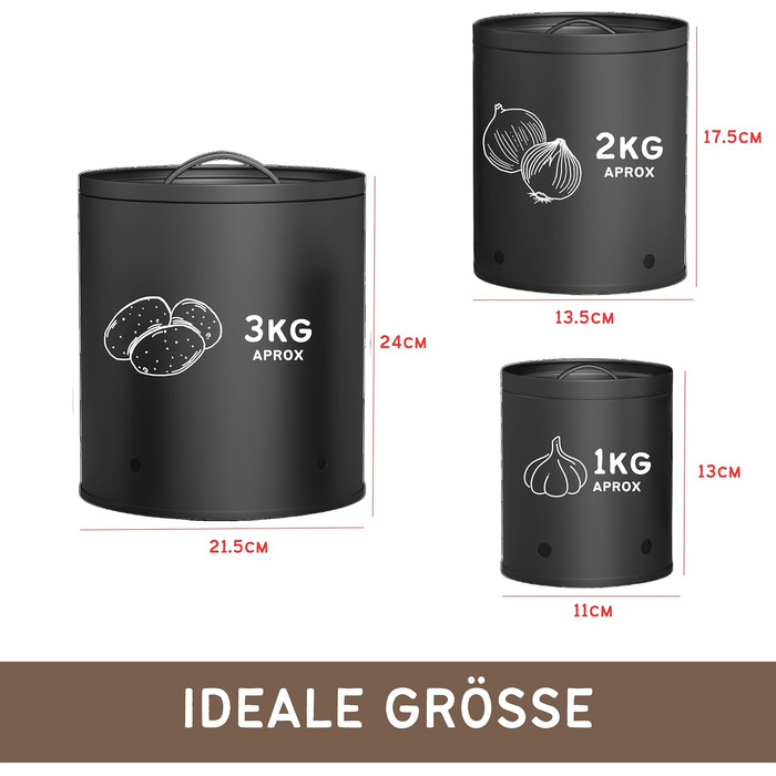 Коробки для зберігання картоплі, цибулі та часнику (набір 3 шт.) - Коробки для овочів з вентиляційними отворами, матовий чорний