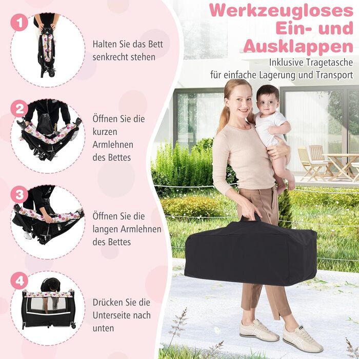 Дитяче туристичне ліжко COSTWAY 5 в 1 з матрацом, бебі-ліжко, ліжко-гойдалка з регульованим козирком, пеленальний столик, музична іграшка та сумка, до 15 кг