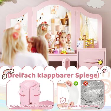 Дитячий туалетний столик MAMIZO 2 в 1 з дзеркалом та стільчиком, рожевий, з 2 висувними ящиками