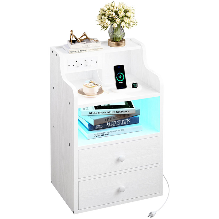 Нічний столик IRONCK з LED-підсвіткою, розеткою та функцією зарядки, з ящиками, білий.