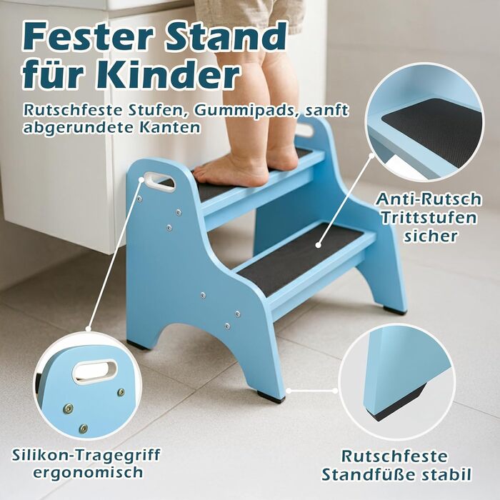 Дерев'яний трисходовий стільчик для дітей Tritthocker – безпечний, з антиковзним покриттям, для ванної та кухні, скандинавський дизайн, колір: натуральний (блакитний)