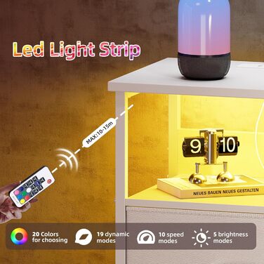 Тумба приліжкова Somdot з LED-підсвіткою, зарядкою, 3 тканинними шухлядами, 2 розетками, 2 USB, металевий каркас, біла шкіра, для спальні