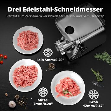 Електрична м'ясоподрібнювач AIRMSEN з насадкою для ковбас, 2 леза з нержавіючої сталі, 3 диски, аксесуар Куб, тихий промисловий двигун, для дому, нержавіюча сталь