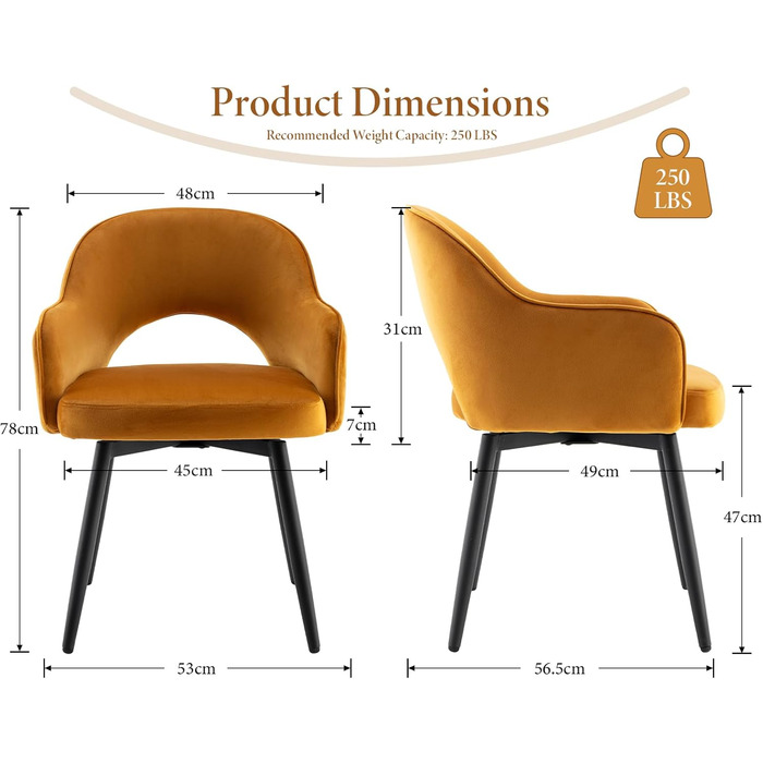 4 крісла з велюру для їдальні, обертаються на 360°, кухонні крісла з підлокітниками, м'які бічні крісла для дому, офісу, вітальні (жовті)