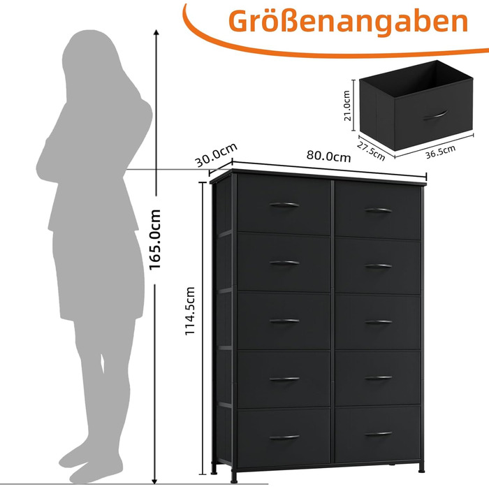 Комод з тканини Somdot з 8/10 висувними ящиками, білий/чорний (30x80x114.5 см)