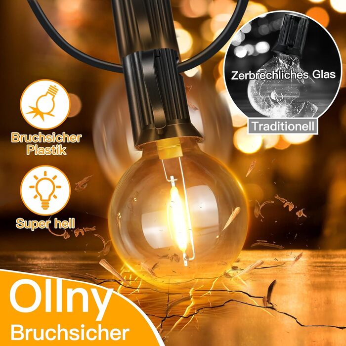 Зовнішні струнні ліхтарі Ollny 20M, 37 G40 LED, водонепроникні для саду, кемпінгу, патіо, весіль