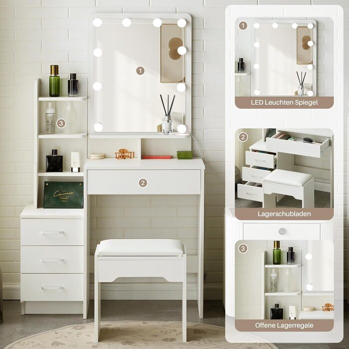 Тюльпанний туалетний столик TUKAILAI з LED-підсвічуванням та пуфом, дзеркало з 3 кольорами, компактний столик для макіяжу з шухлядою та відкритими полицями, 87x40x149 см