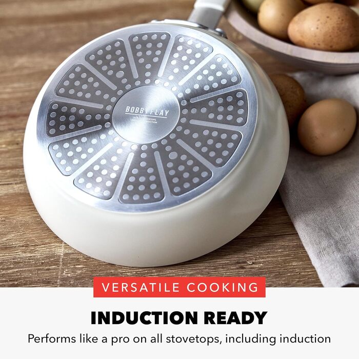 Набір посуду GreenPan x Bobby Flay 13 предметів: професійний алюміній, антипригарне покриття Ceramic, без PFAS/PFOA, індукційний, силіконові ручки, сумісний з посудомийною машиною (2.53QT соусниця з кришкою, кремовий)