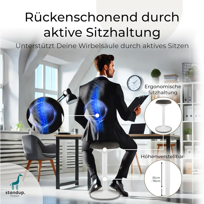 Високий пуф Standup.Today Ella (Білий/Зелений) – регульована висота 55-80 см – ергономний пуф для офісу та дому – пуф з ефектом гойдання – пуф для робочого столу (Білий/Темно-сірий)