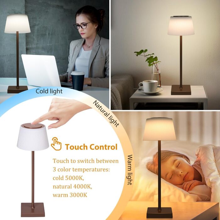 Aigostar LED акумуляторна настільна лампа бездротова, торшер з сенсорним керуванням, 3 режими кольору, IP54 вологостійка, для дому та саду (темно-коричнева)