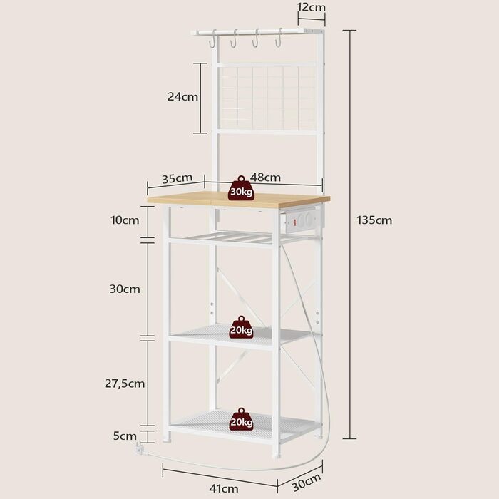 Стелаж кухонний з розетками, підлоговий, 35x48x135 см, 4 гачки, станція для кави з тримачем для пляшок, вінтажний, чорний ABRHR23UE01 (білий)