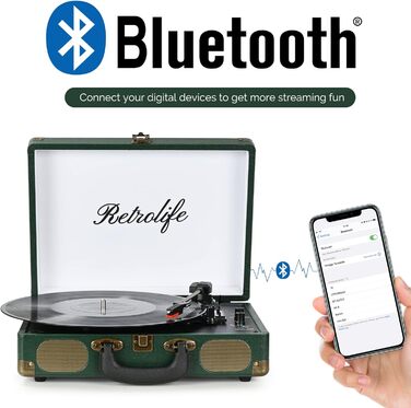 Вініловий програвач 3-швидкісний 33/45/78 об/хв Bluetooth, портативний у валізі, ремінний привід, вбудовані динаміки, RCA, AUX, вихід на навушники, вінтажний (зелений)