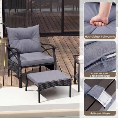 Садовий набір меблів COSTWAY з ротангу, 5 предметів: 2 крісла з подушками, пуф та стіл для балкона, тераси, саду (Чорний + Сірий)