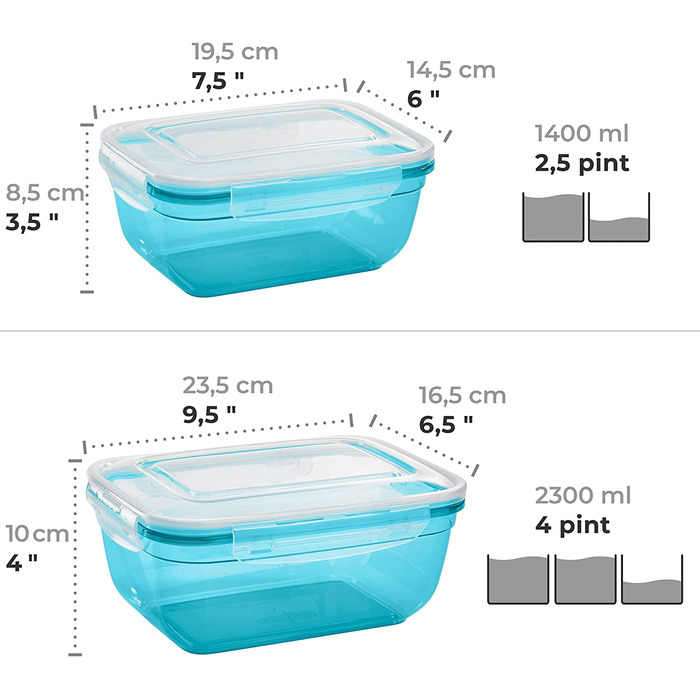 Набір банок для зберігання Grizzly 4 (0,4 л, 0,8 л, 1,4 л, 2,3 л), круглі, пластикові, 100 повітря / вода, банки для зберігання в мікрохвильовій печі, М'ятні (прямокутні, 0,4 л, 0,8 л, 1,4 л, 2,3 л, бензинові)